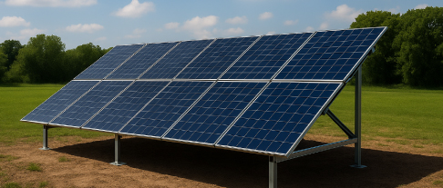 Ground-mounted solar panel array in a field